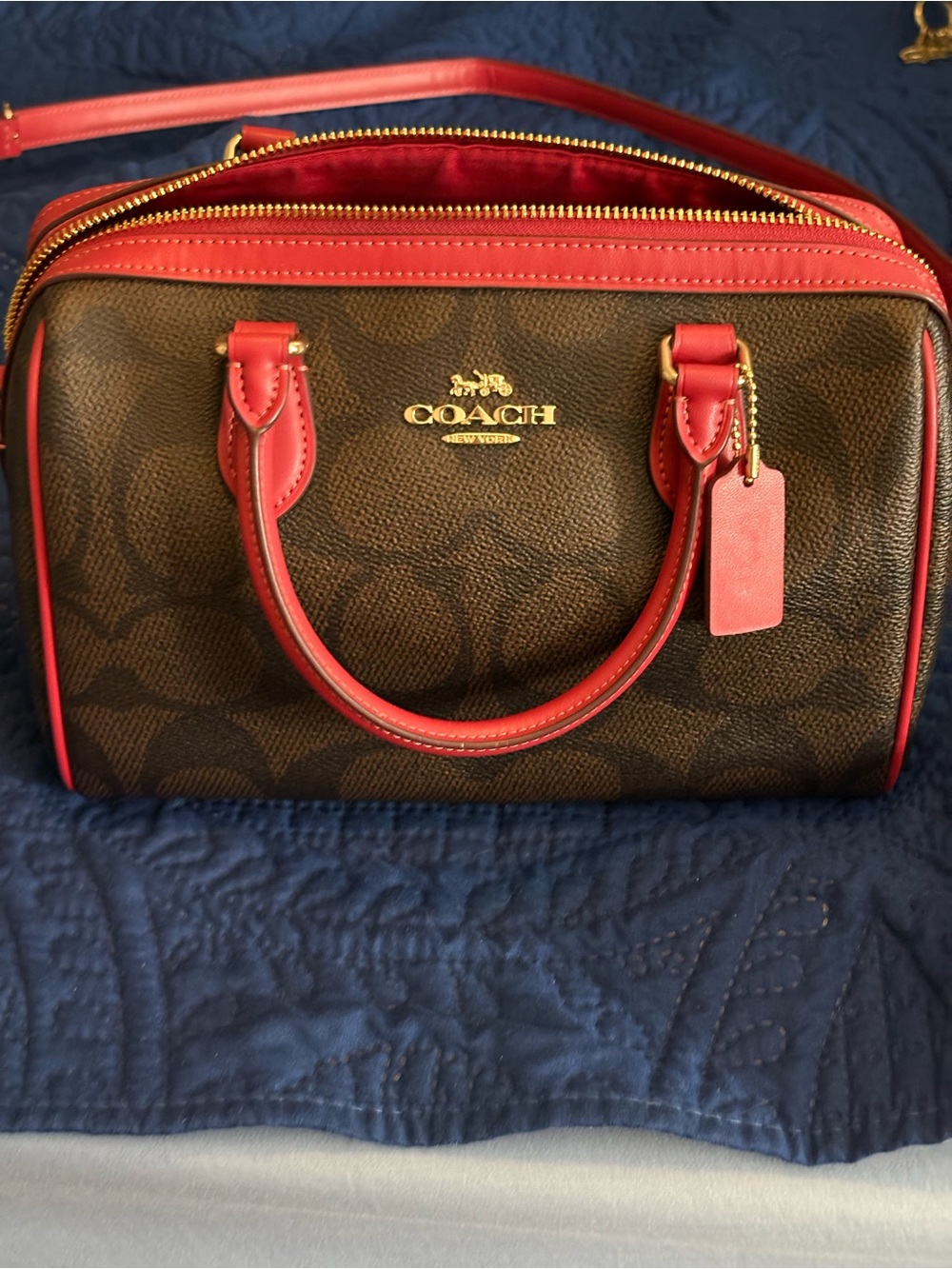 Coach Brown Signature Satchel with Red Trim and Gold Hardware